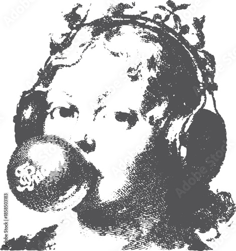 Girl with bubble gum and headphones in vintage style. Black and white vector illustration featuring retro design elements.