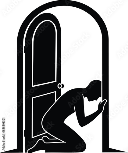Silhouette of person kneeling in prayer at open arched doorway representing faith, hope, and spiritual devotion. Vector illustration