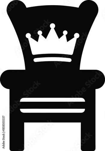 Black royal throne chair silhouette with crown symbol for king or queen furniture logo design isolated on white. Vector illustration