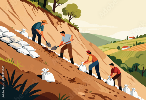 Workers fortify hillside with sandbags against erosion
