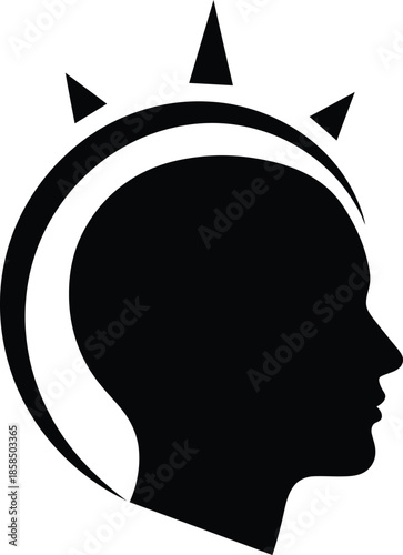 Minimalist black silhouette of a human head profile with a spiked crown halo symbol for branding and identity. Vector illustration