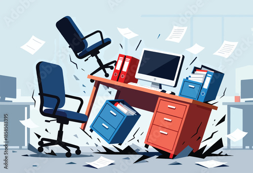 An office desk and chairs in disarray, with papers flying amidst a chaotic scene