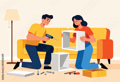 Couple assembling furniture with a drill and screws near a sofa