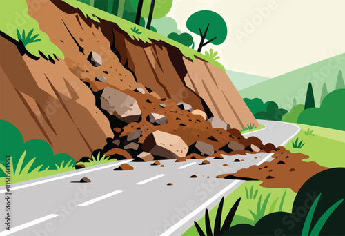 Mudslide cascades down a wooded hillside, burying a winding road
