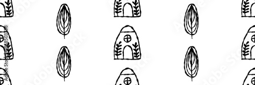 Wallpaper Mural Cute seamless pattern with hand drawn houses and trees. Scandinavian doodle wallpaper in minimal line style. Vector illustration on an isolated background. Torontodigital.ca