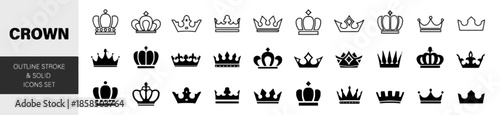 Crown Outline Stroke and Solid Icons Set Collection of Different Crowns for Royalty and Power Designs Perfect for Emblems Logotypes Badges and Decorative Illustrations