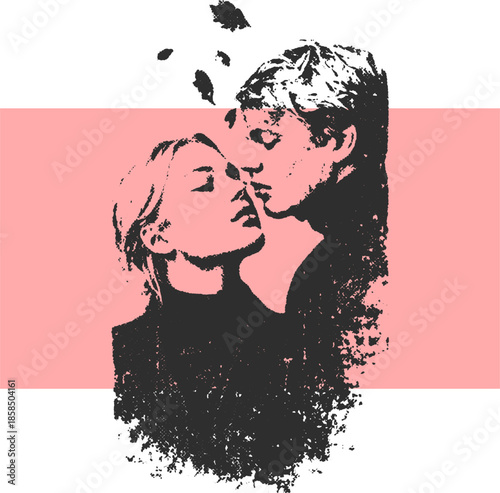 Couple portrait in black and white style. Simple and modern silhouette vector illustration against a pink background, focusing on love and connection.