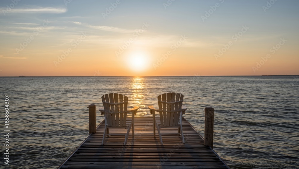 Fototapeta premium Adirondack chairs positioned on a dock, oriented towards the sunrise, promoting leisure and early morning activity
