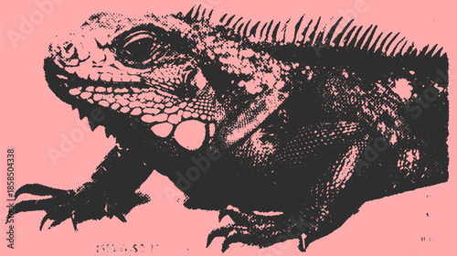 Detailed vector illustration of an iguana reptile, showcasing textured green scales against a pink background.
