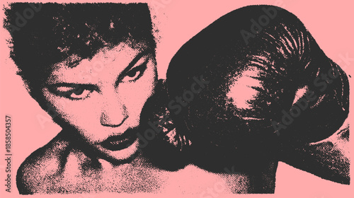 Boxing fighter portrait. A powerful woman in a glove with bold black and pink graphic style, showcasing strength in this vector illustration.