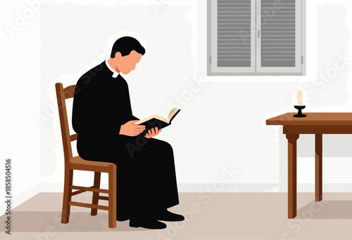 Clergyman in black cassock sits and reads a book by candlelight