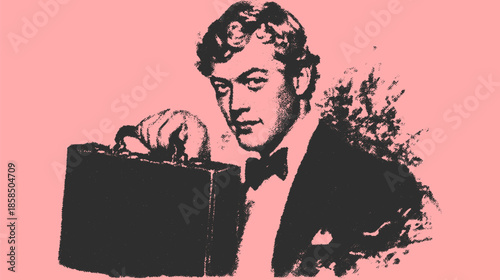 Businessman portrait holding a briefcase in a vintage style. Black and white vector illustration with a pink background.