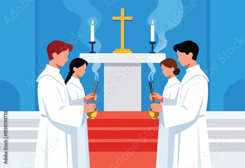 Four individuals in white robes hold incense sticks before a golden cross and altar
