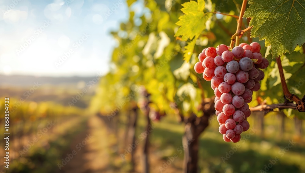 Fototapeta premium Fresh table grapes growing on a vineyard, highlighting seasonal fruit production