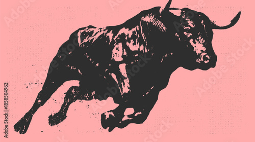 Bull running in a bold graphic style. Vintage vector illustration with striking silhouette against a pink background.