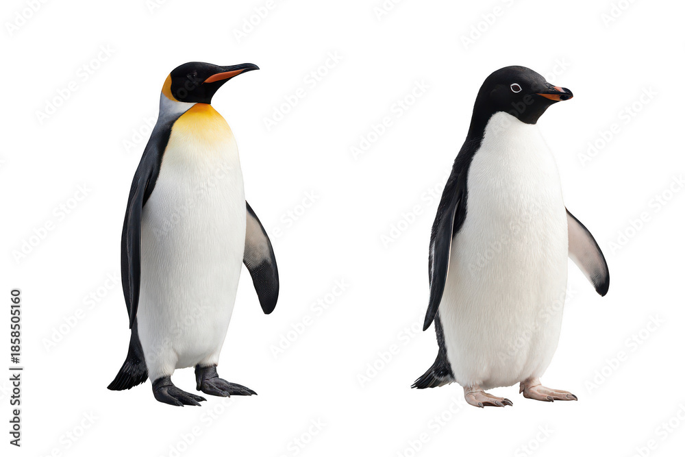 Obraz premium Two penguins standing on transparent background, realistic penguin cutout pair, black and white seabirds with yellow neck detail, antarctic wildlife for nature design 