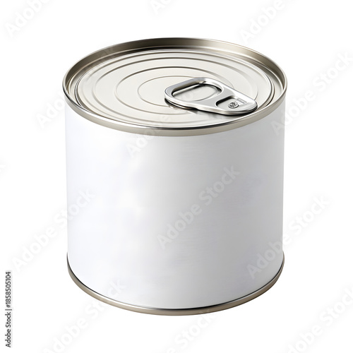 White tin food can with blank label and pull tab lid for packaging mockup isolated on white or transparent background.