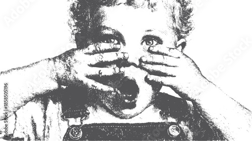 Vintage illustration of a surprised boy with hands on his face, expressing shock. Black and white vector illustration captures a classic childhood emotion.
