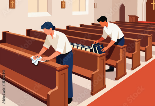 Two individuals diligently clean and organize a serene church interior