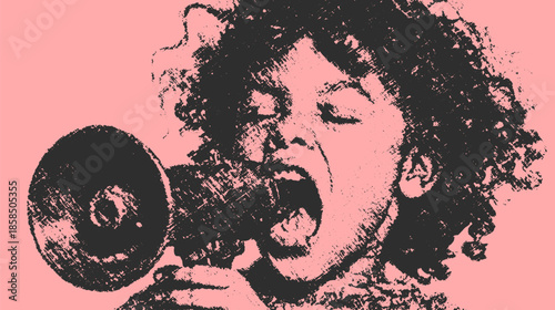 Girl screaming into a megaphone. Simple black and pink vector illustration showcasing expression and communication in a flat style.