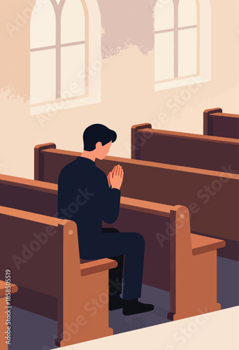 Man praying in a church pew