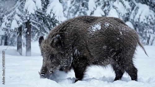 Wallpaper Mural Wild boar breathing steam in a snowy winter forest. Side view of a large mammal standing in deep snow. Wildlife in cold weather Torontodigital.ca