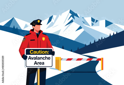 Officer guards road with barrier warning of avalanche danger in snowy mountains
