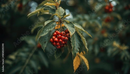 Rowan tree bearing mature berries in a natural landscape, highlighting autumn harvest, macro, shallow depth of field