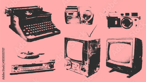 Vintage devices including a typewriter, radio, camera, and television. Flat vector illustration showcasing a set of retro equipment and media styles.