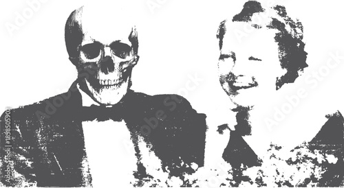 Skeleton couple in vintage wedding attire. Black and white vector illustration showcasing a surreal yet elegant theme, perfect for set use.