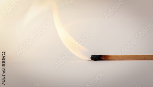 Burnt match stick with visible flame, isolated on wood surface, emphasizing heat and flammability for fire safety