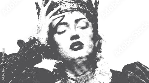 A queen portrait emphasizing expression and crown details. This monochrome vector illustration showcases elegance and vintage style.