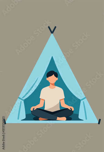 Person meditating in lotus position inside a minimalist blue tent