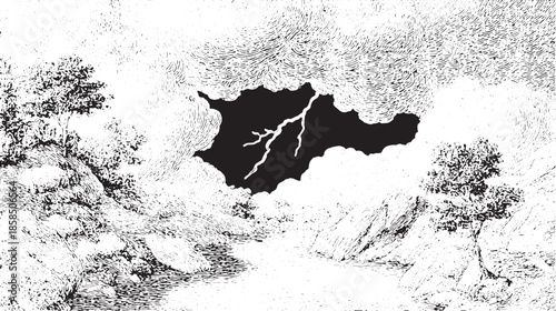 Lightning strikes through dark clouds over a serene landscape. This monochrome vector illustration features a rocky stream and trees in the scene.