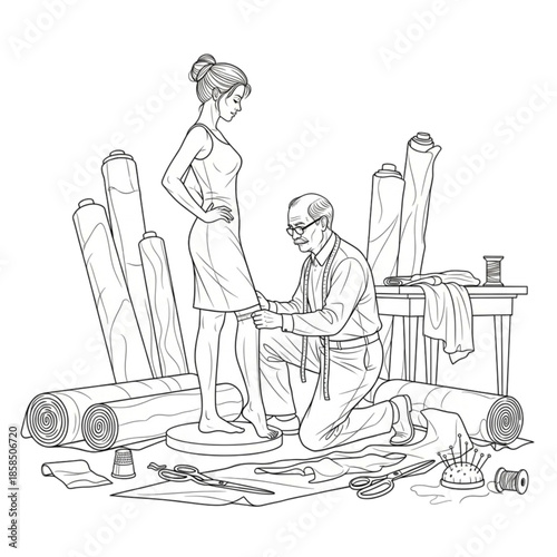 Man fitting dress on female client.