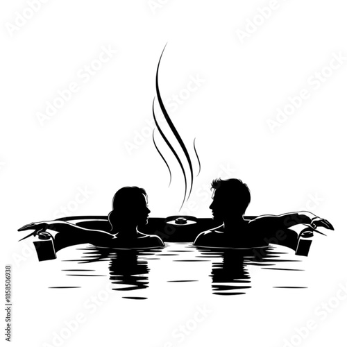 Two people couple relaxing in hot tub isolated on transparent background. 