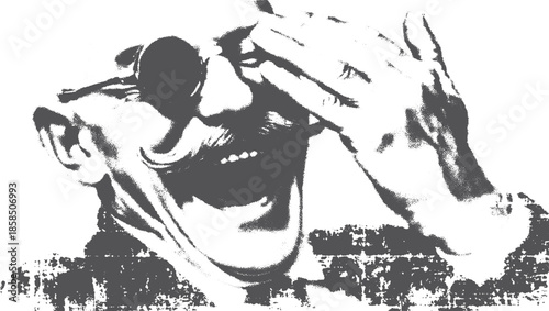 Illustration of a smiling face with a moustache in monochrome. A vector design, this artwork captures a joyful expression, perfect for playful themes.