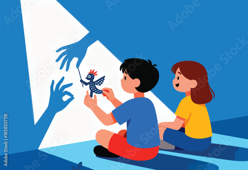 Children creating shadow puppets with hands and a cutout figure