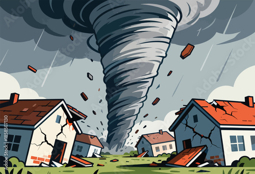 A powerful tornado wreaks havoc on a suburban neighborhood, destroying homes