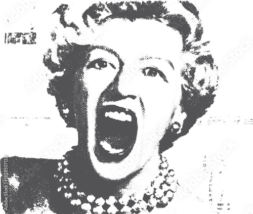 Woman's face expresses a scream in a vintage style. Black and white vector illustration with bold design, suitable for artistic displays.
