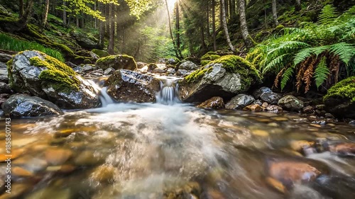 Soft water flowing through rocks in a forest with sunlight shining in the background