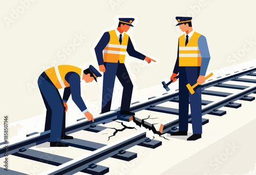 Three workers inspect damaged train tracks, one points to a crack