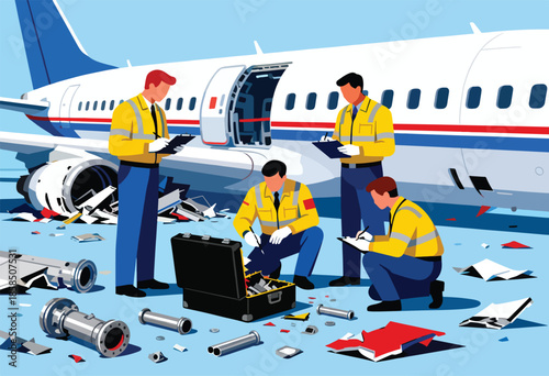 Investigators examining wreckage near a damaged aircraft