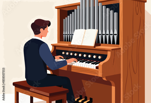 Man plays church organ with sheet music
