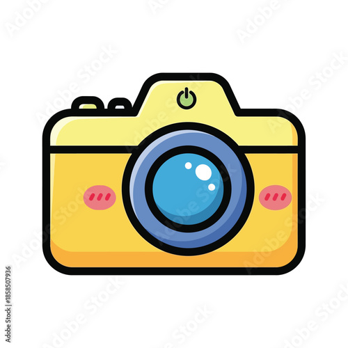 Yellow Cartoon Camera Illustration with Blue Lens.