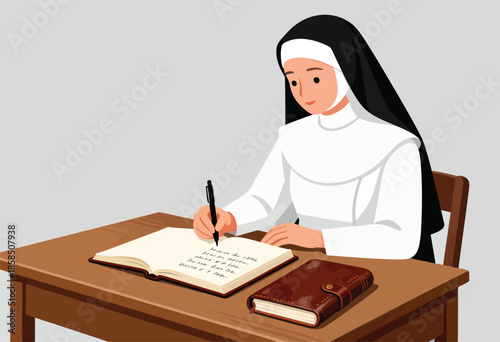 Nun writing in an open book at a wooden desk