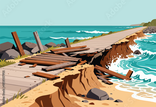 Eroded coastal path with broken wooden planks washed ashore by turquoise waves