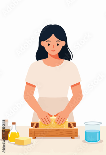 Woman crafting homemade soap with oils and ingredients