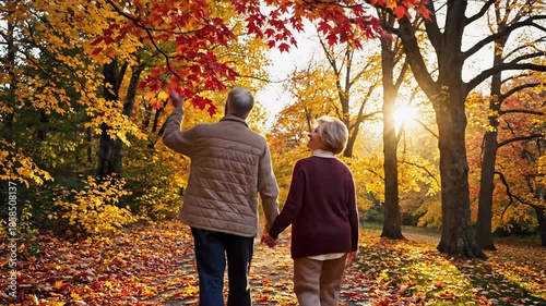 Couple enjoys a walk in autumn leaves at a park during sunset while holding hands and smiling together