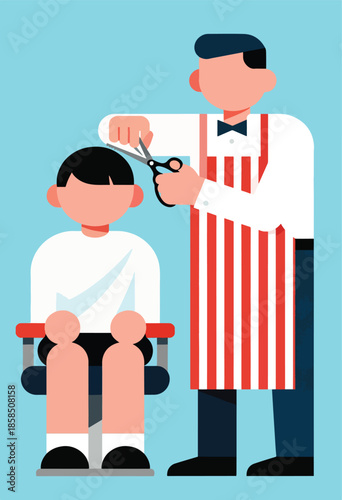 Barber cuts client's hair with scissors while client sits in chair